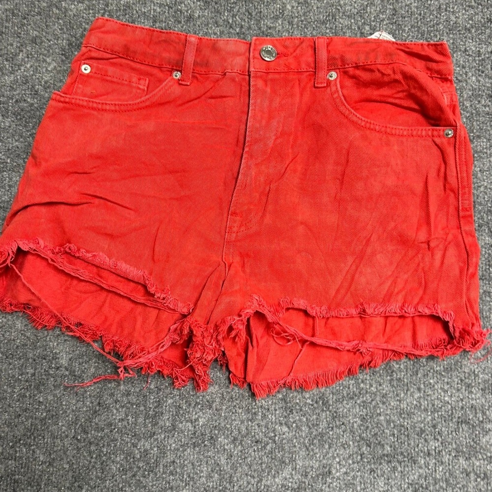 Stradivarius Shorts Womens Size 8 Red Denim High Waisted Frayed Raw Hem Casual